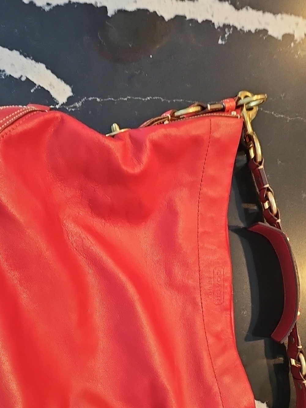 Red Leather Shoulder Bag with Chain Strap Slouch Coach